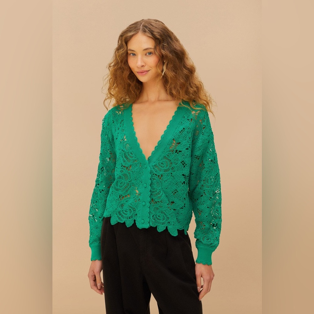Farm Rio Green Flower Crochet Cardigan NWT